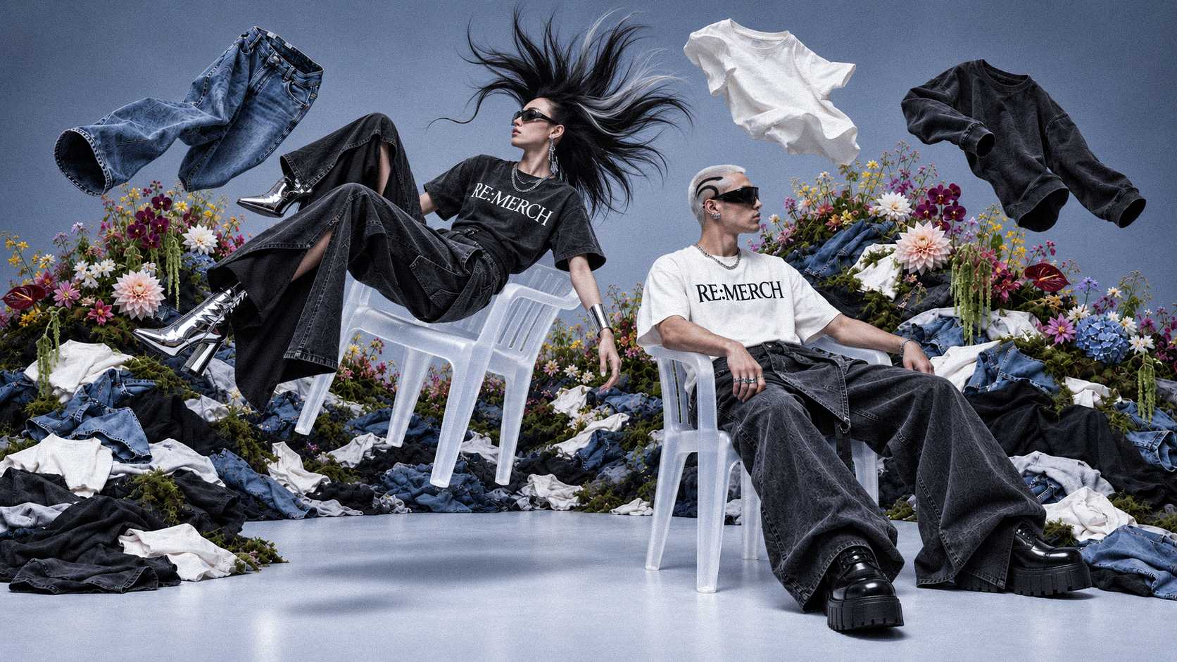 Two models in RE:MERCH t-shirts and denim float above translucent chairs amid a pile of discarded clothing and flowers.