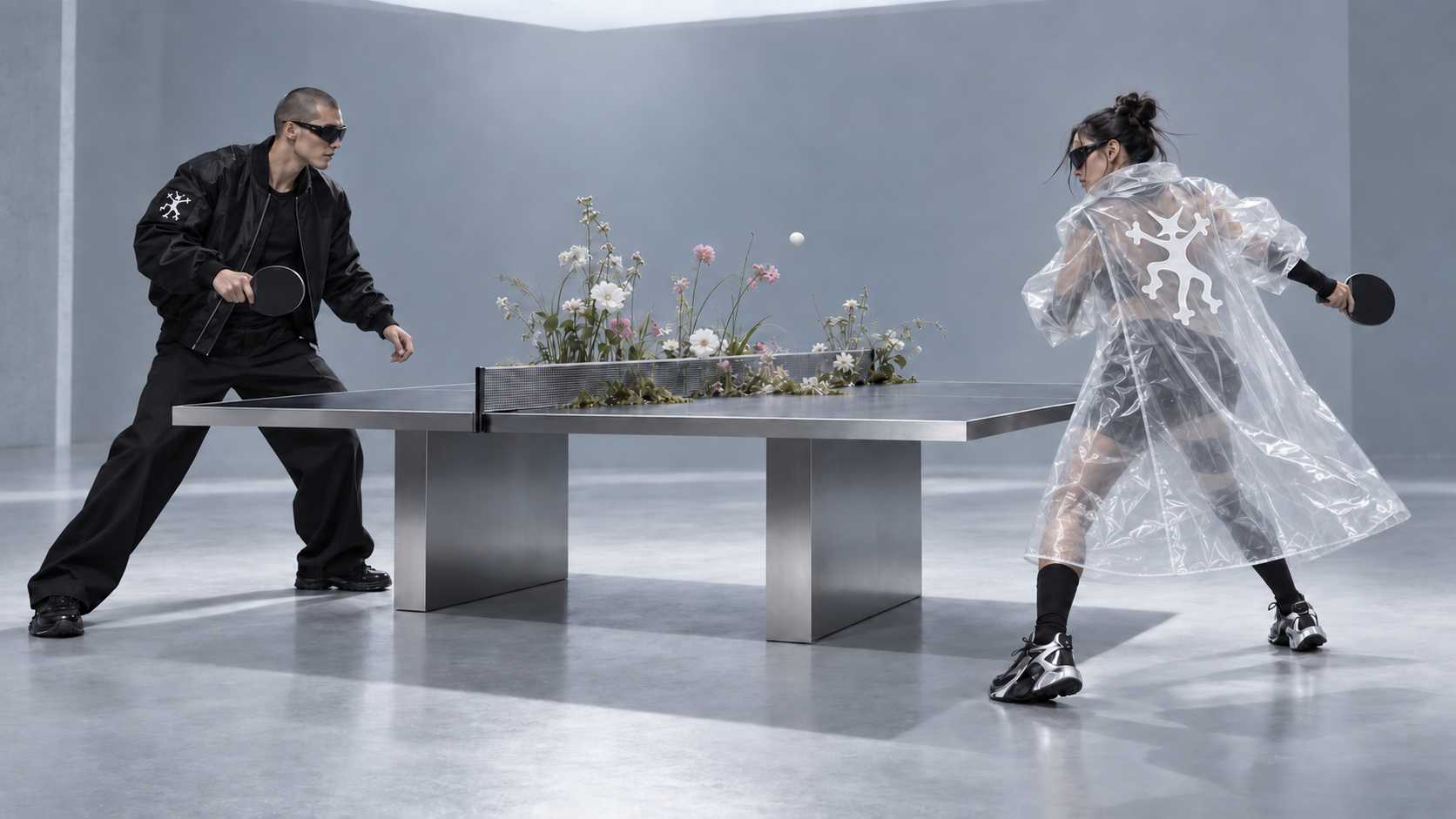 Two people playing table tennis in a grey studio, one wearing a translucent raincoat, wild flowers growing over the net.
